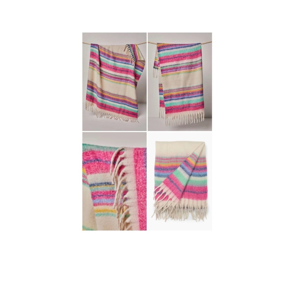 NWT Free People Home Ivory Multi Stripe Fringe‎ Throw Blanket 60"x51"